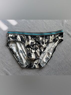 Andrew Christian Black & Gray Camo Briefs with Blue-Trim Waistband